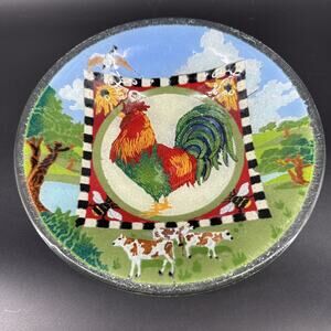 Peggy Karr Fused Glass Bowl Farm Scene Rooster Cows Round Circle Signed 10.5”